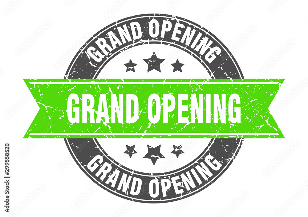 Fototapeta premium grand opening round stamp with green ribbon. grand opening