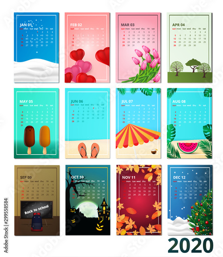 Cute Calendar Template for 2020 with elements for every month. Vector illustration template