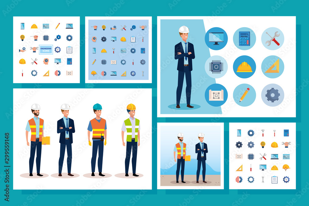 engineer men with set icons working vector illustration design