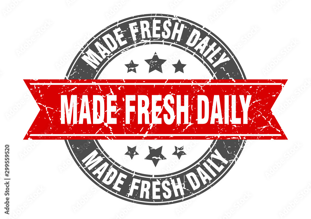 made fresh daily round stamp with red ribbon. made fresh daily