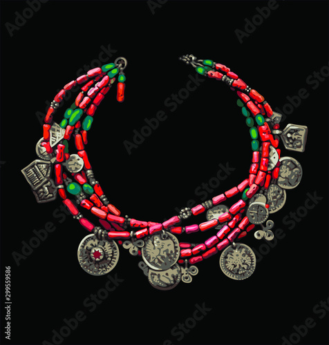 Vector Jewelry. Coral Ethnic Necklaces. Black Background.