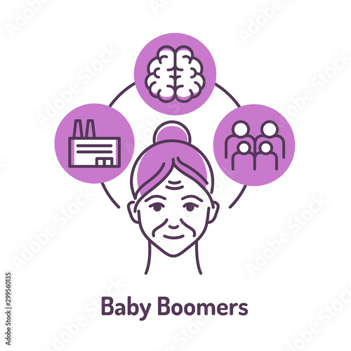 Generation baby boomers color line icon on violet background. Lifestyle: factory work, large family, self-development.
