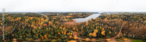 Aerial panoramic view of lake and colorful forests on a autumn day in Finland. Drone photography