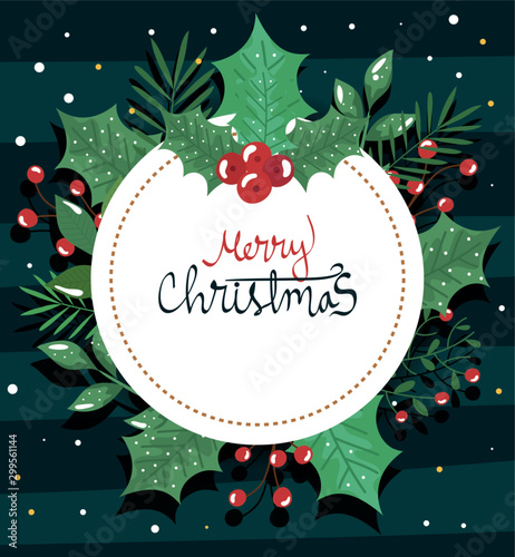 merry christmas card with frame circular and decorative leafs design