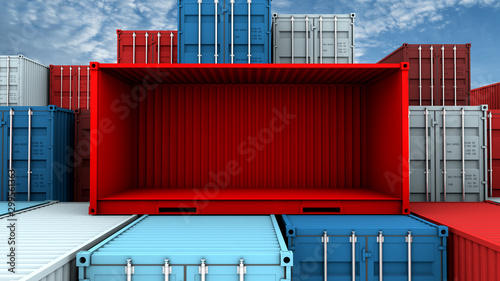 Whole side and empty red container box at cargo freight ship photo