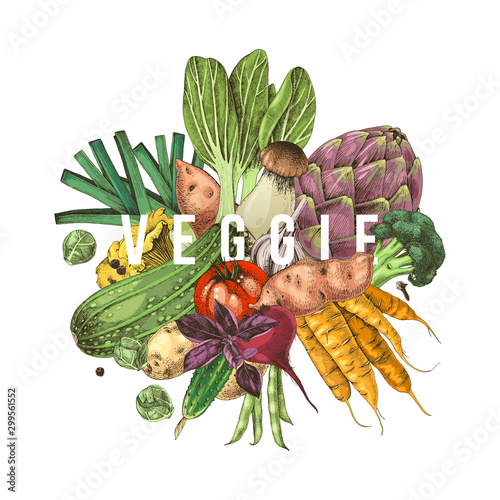 Veggie concept. Background with colorful hand drawn vegetables