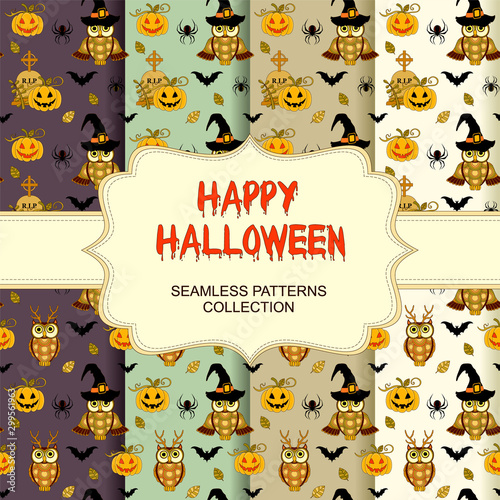 Eight Seamless halloween patterns collection with pumpkins and owls. Autumn horror holiday illustrations set.