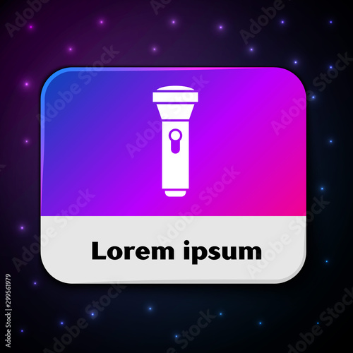 White Flashlight icon isolated on black background. Rectangle color button. Vector Illustration