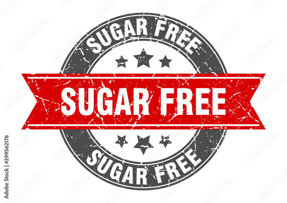 sugar free round stamp with red ribbon. sugar free