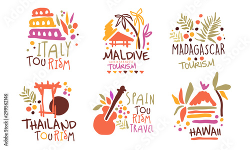 Set of minimalistic logos for a travel agency with the image of the sights of different countries. Vector illustration.