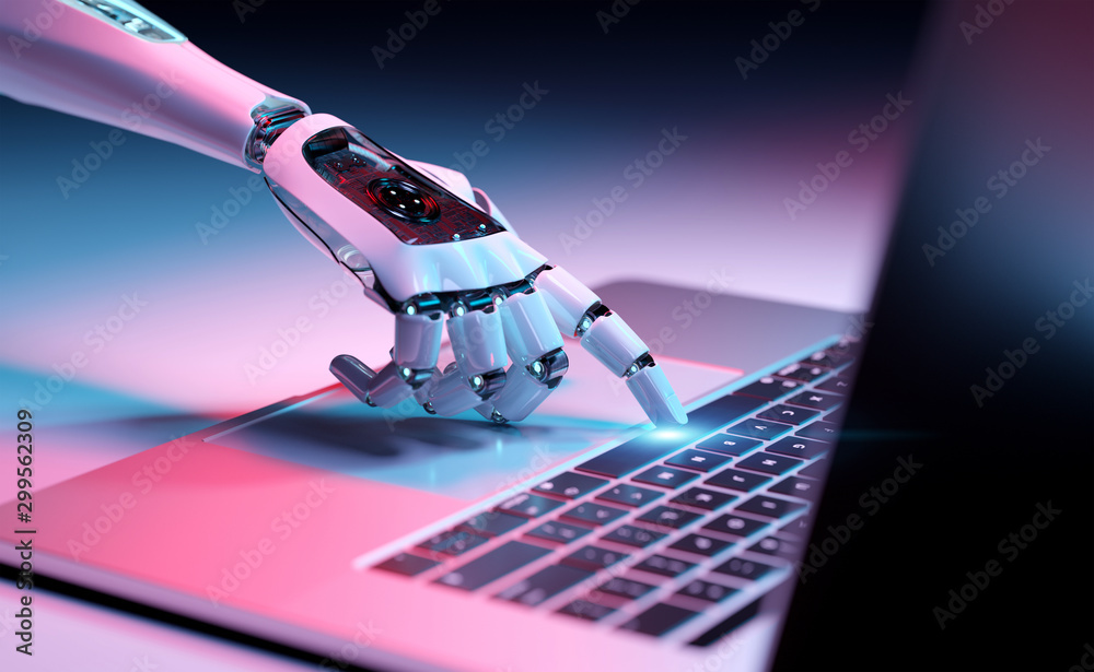 Robotic hand pressing a keyboard on a laptop 3D rendering - obrazy, fototapety, plakaty 