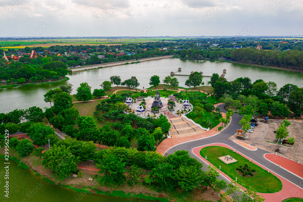 Aerial view of Queen Suriyothai statue monument at Thung Makham Yong park, Ayutthaya Province
