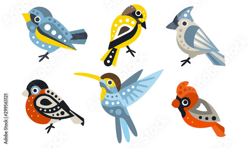 Set of different geometric birds. Vector illustration on a white background.