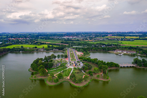 Aerial view of Queen Suriyothai statue monument at Thung Makham Yong park, Ayutthaya Province