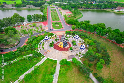 Aerial view of Queen Suriyothai statue monument at Thung Makham Yong park, Ayutthaya Province photo