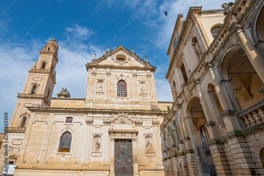 The Baroque style of the ancient Lecce Cathedral in the old town of Lecce, Apulia, Italy.