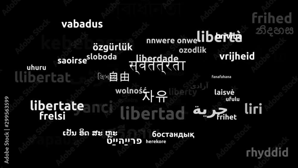 Liberty Translated in 56 Worldwide Languages Endless Looping 3d Zooming Wordcloud Mask