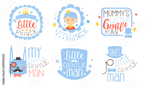 Set of cute blue lettering for the little prince. Vector illustration.