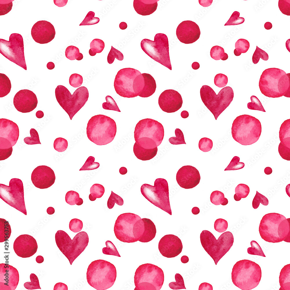 Seamless pattern of decorative red  hearts and spots in free chaotic arrangement. Symbol of love. Watercolor hand painted elements isolated on white background. 