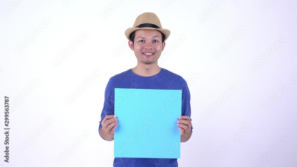 Asian Thai tourist show a blue billboard for your media on white background Asian Thai tourist show a blue billboard for your media on white background