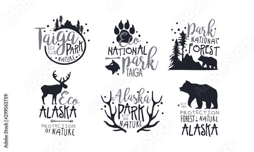 Set of black logos in support of forest protection. Vector illustration.