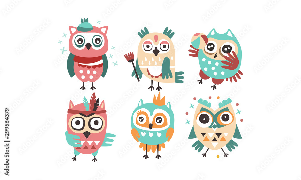 Set of humanized stylish owls. Vector illustration on a white background.
