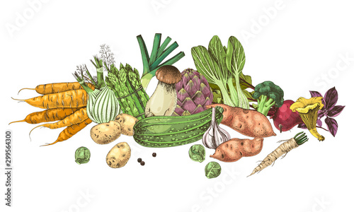 Hand drawn border with fresh vegetables