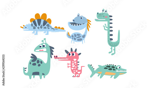Set of cartoon blue dinosaurs. Vector illustration on a white background.