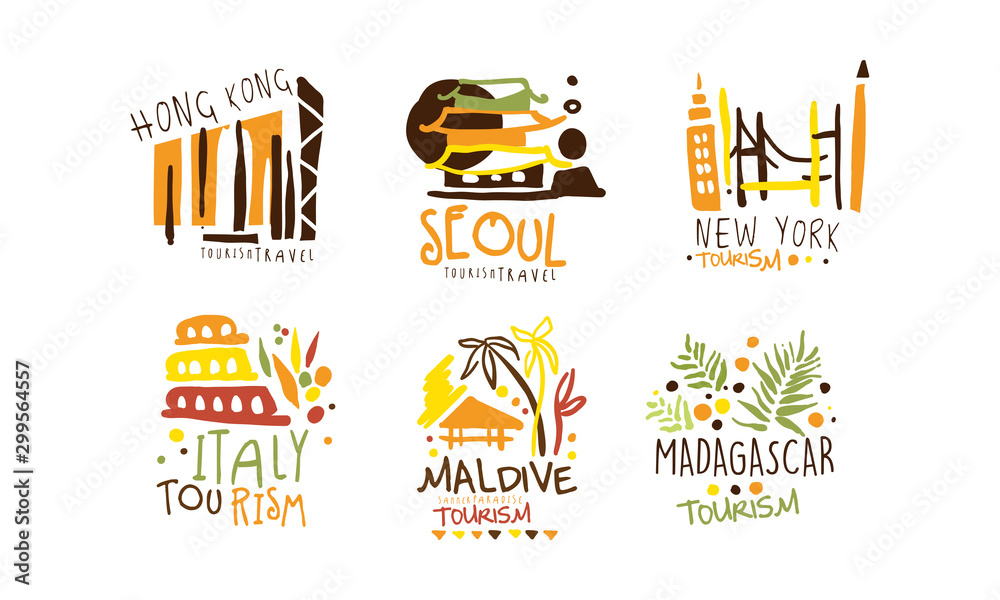 Set of logos for a travel agency with the image of attractions. Vector illustration.