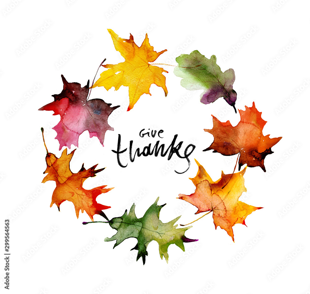 Happy thanksgiving text with watercolor autumn leaves and branches isolated on white background. Autumn wreath for greeting cards, invitations, blogs, posters - obrazy, fototapety, plakaty 