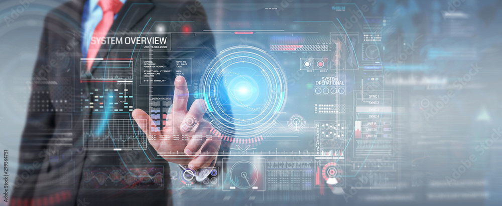 Businessman using digital technological interface with datas 3D rendering Businessman using digital technological interface with datas 3D rendering