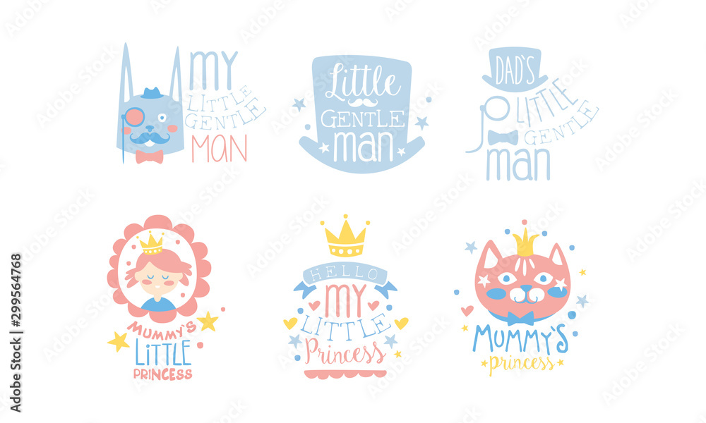 Set of cute pink and blue lettering and images for little girls and boys. Vector illustration.