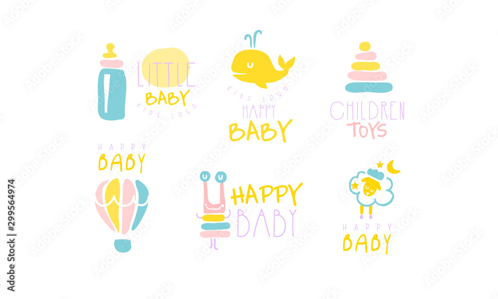Set of cute inscriptions and pictures in yellow and blue colors for the newborn. Vector illustration.