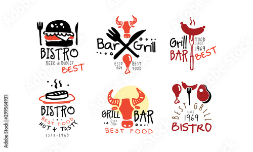 Set of red black logos for grill bar. Vector illustration.