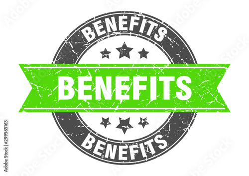 benefits round stamp with green ribbon. benefits