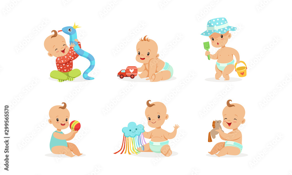 Cartoon babies with toys. Vector illustration on a white background. Cartoon babies with toys. Vector illustration on a white background.