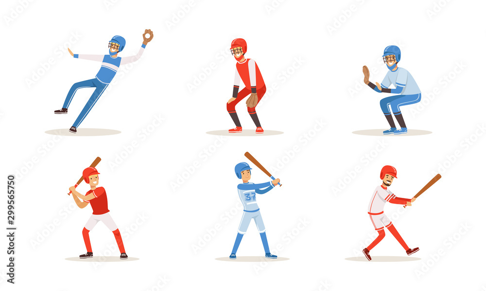 Men in sports uniforms play baseball. Vector illustration on a white background.