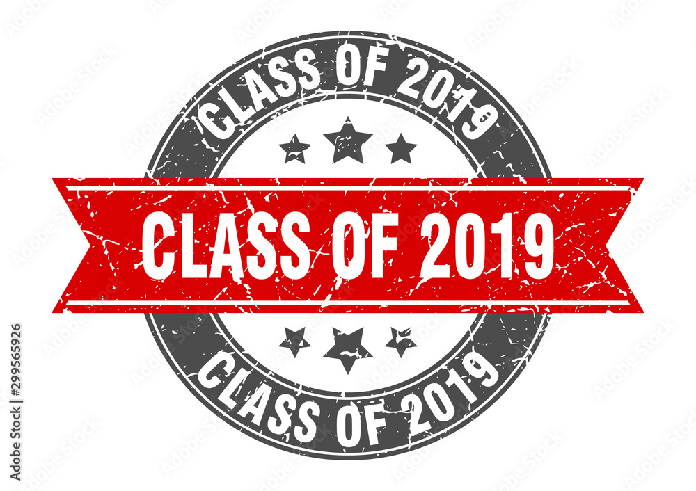Fototapeta premium class of 2019 round stamp with red ribbon. class of 2019