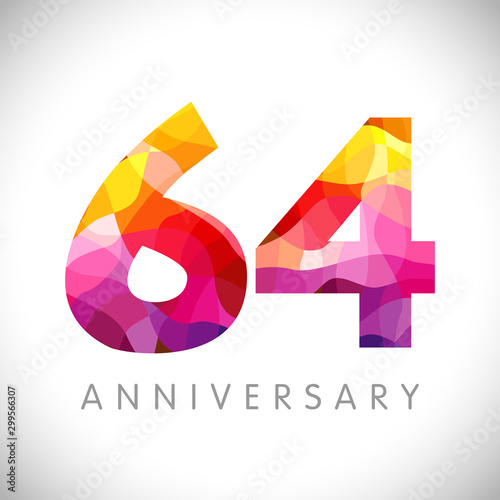 64 th anniversary numbers. 64 years old yellow coloured logotype. Age congrats, congratulation idea. Isolated abstract graphic design template. Creative 4, 6 3D digits. Up to 64% percent off discount. photo