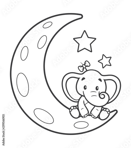 Fényképezés Vector black line cartoon baby  elephant sitting on the moon