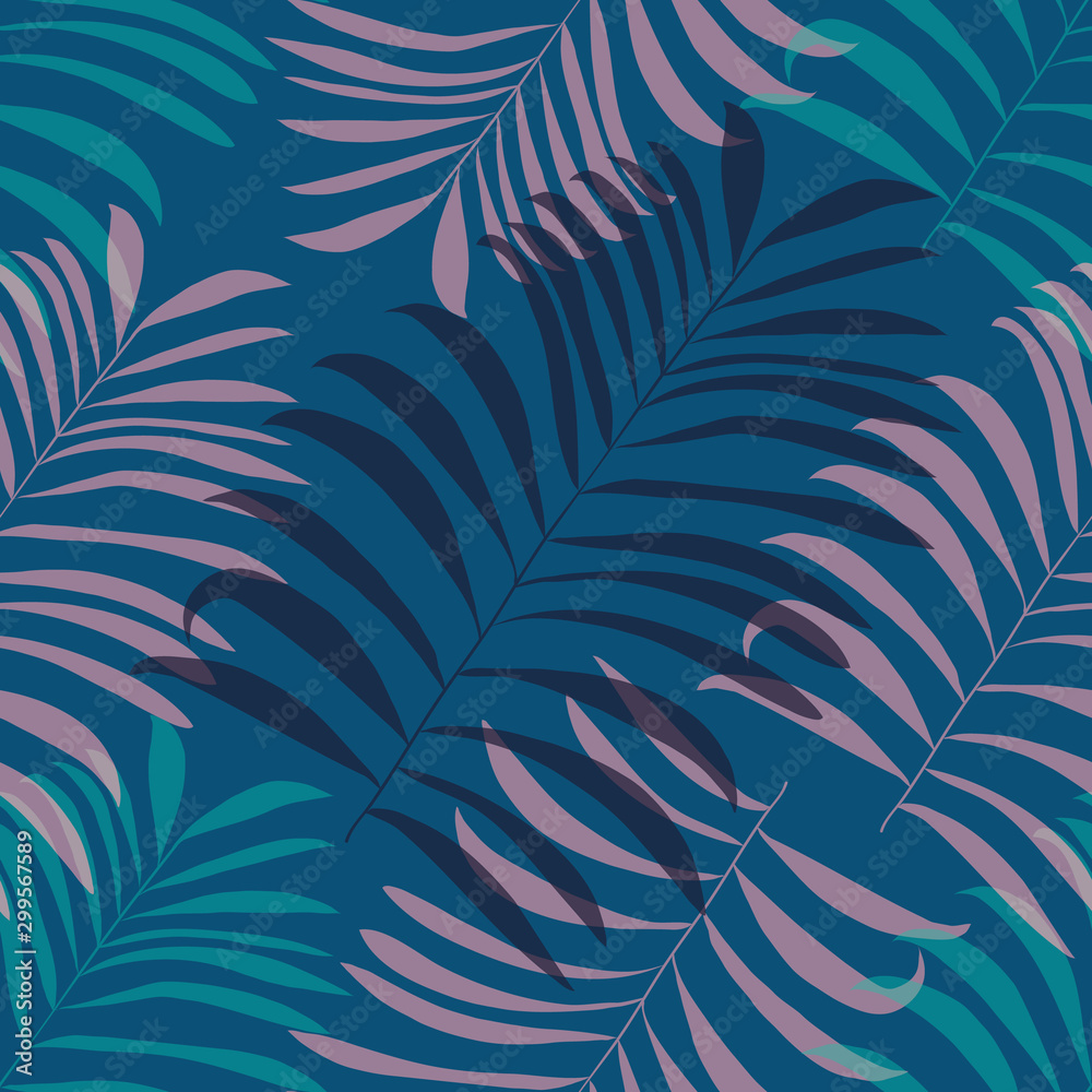 Seamless exotic pattern with palm leaves on blue background