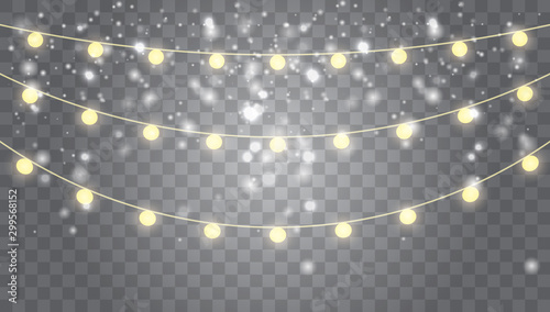 Falling white snow with glowing garland.