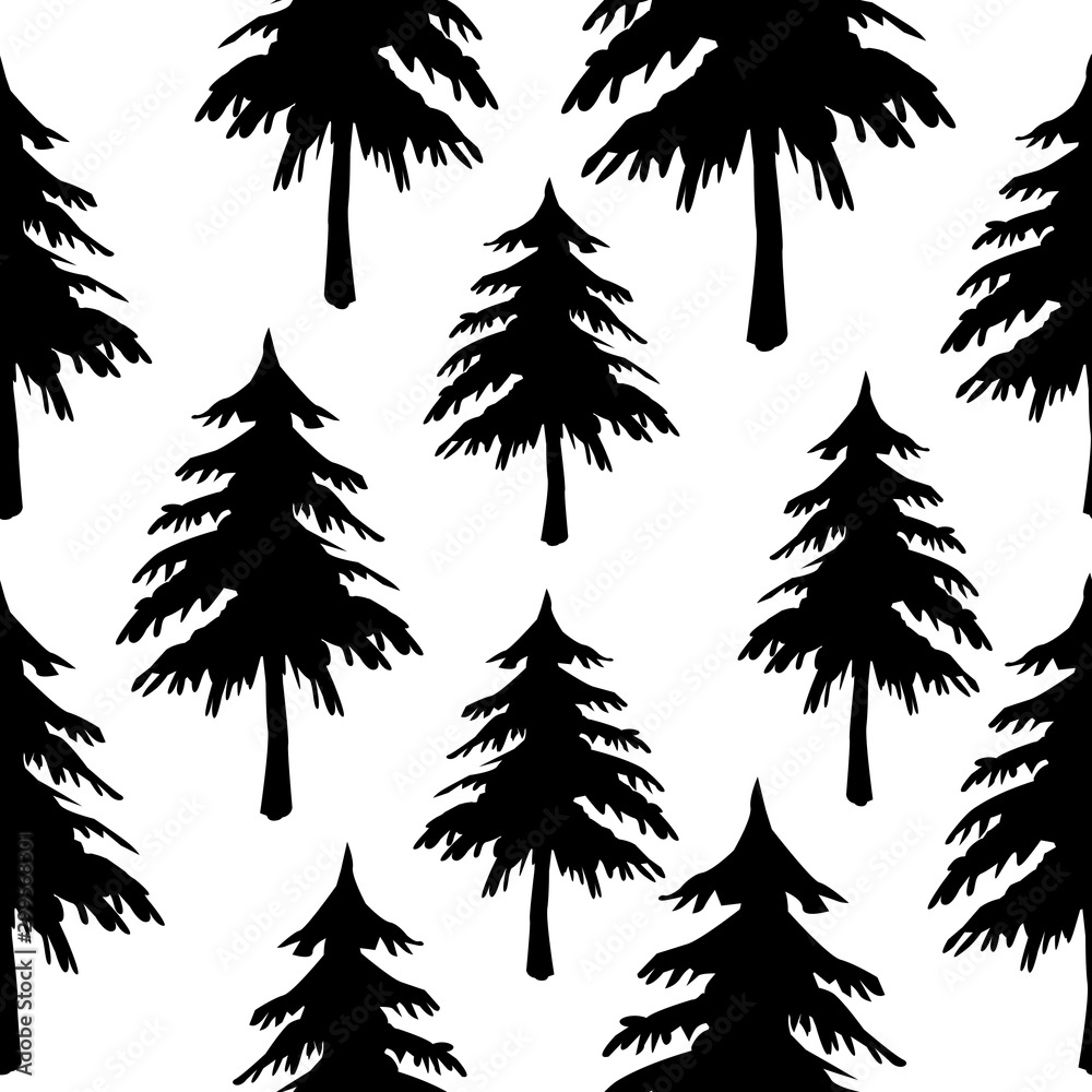 A seamless pattern texture of black carved Christmas fir trees on a white background