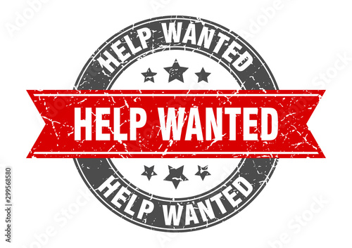 help wanted round stamp with red ribbon. help wanted
