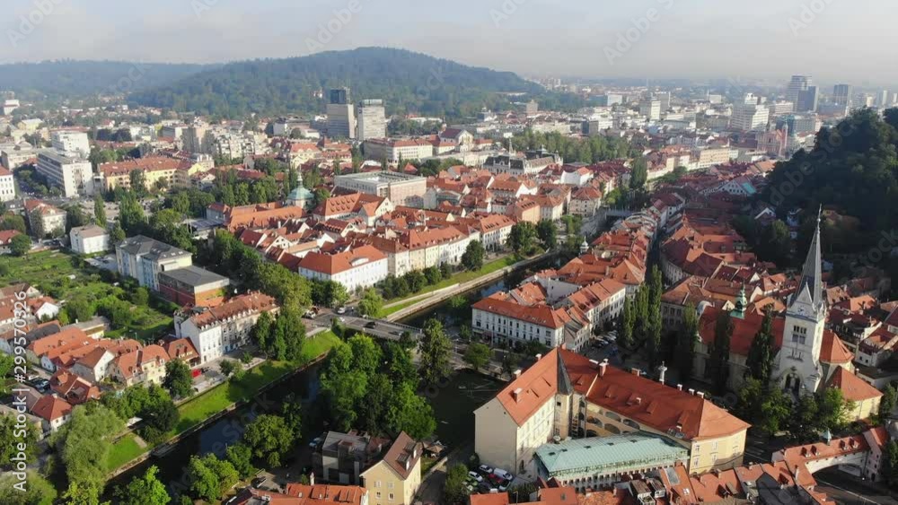 Aerial drone video of river Ljubljanica in central Ljubljana, Slovenia Aerial drone video of river Ljubljanica in central Ljubljana, Slovenia