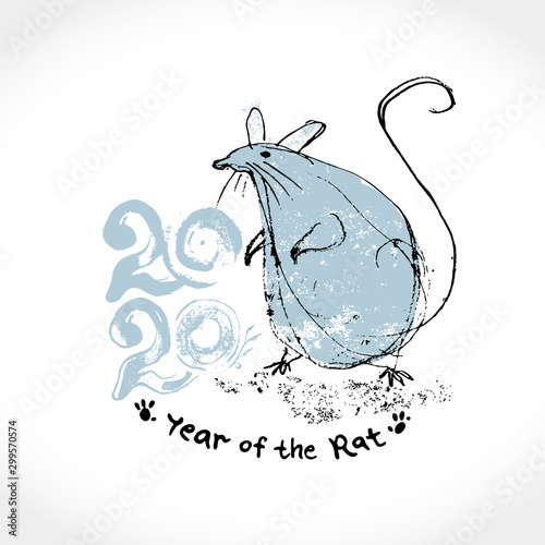 Cartoon funny fat Rat 2020. Handwritten careless brush draw template with the inscription 2020 and Rat. Imitation of painting with brush and black ink. New Year on the Chinese calendar.