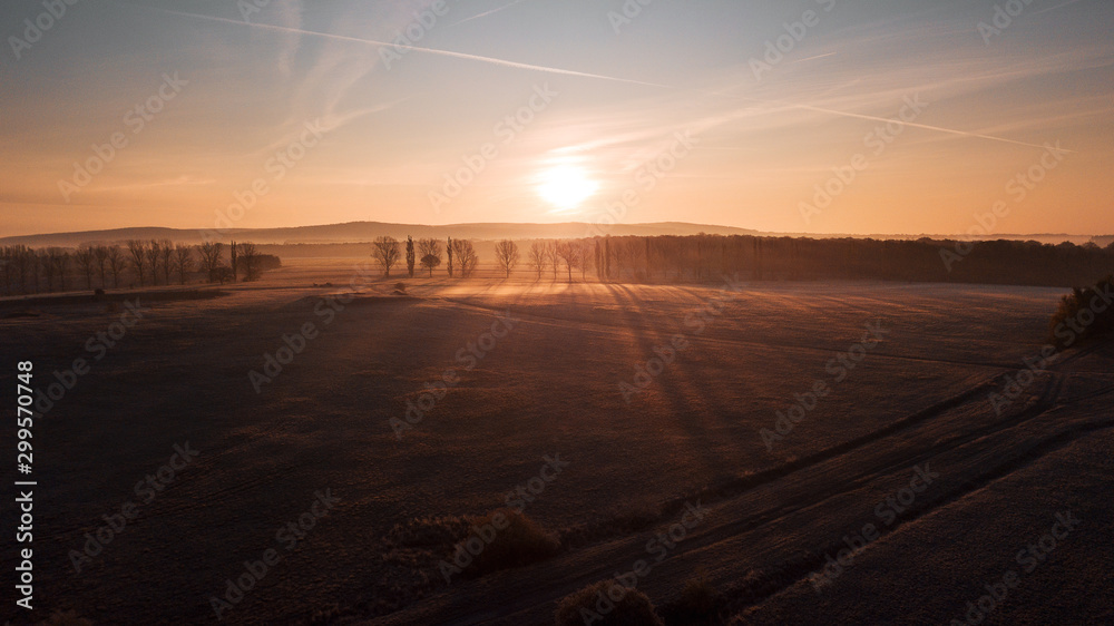 Beautiful idyllic and calm morning nature with mist haze and sunrise tones on a cold winter morning