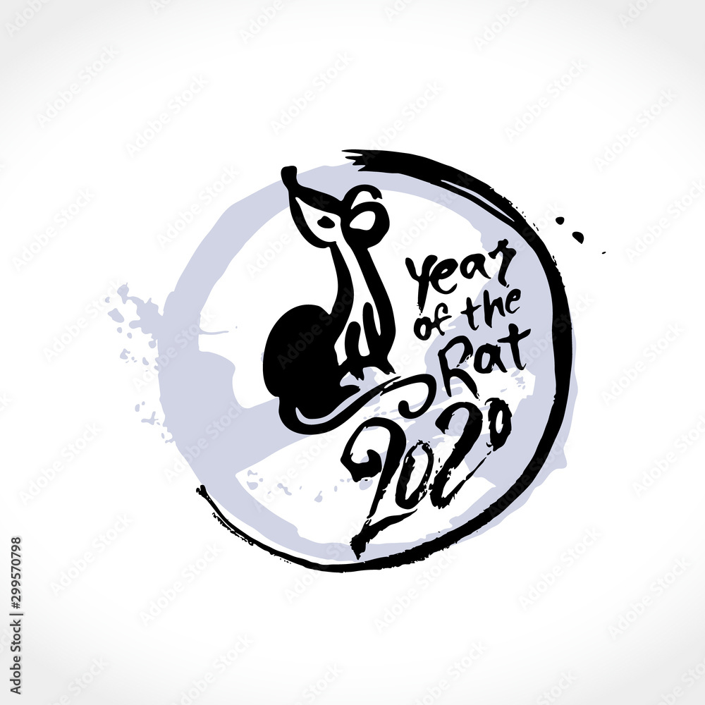 Hand drawn ink painted Rat 2020. Imitation of painting with brush. Circle template with the inscription 2020 and Rat. New Year on the Chinese calendar. Hand drawn ink painted Rat 2020. Imitation of painting with brush. Circle template with the inscription 2020 and Rat. New Year on the Chinese calendar.