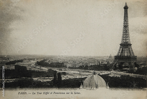 Rare vintage postcard with view on Eiffel Tower in Paris, France, circa 1900 © denys_kuvaiev