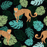 Cheetah tropical seamless pattern on a black background